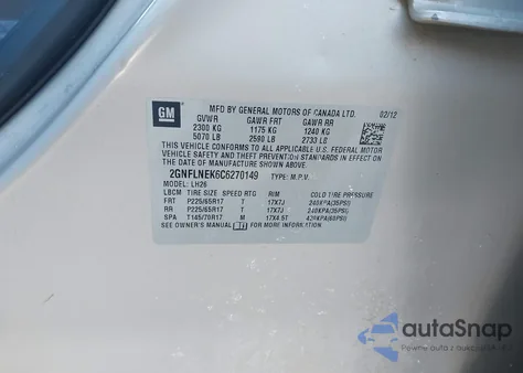 2012 Chevrolet Equinox 2Lt z USA, uszkodzony, nr VIN 2GNFLNEK6C6270149